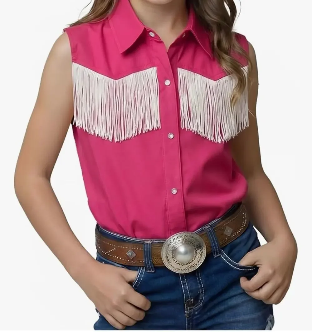 Girls Fringe Western Shirt Pearl Snap Button Down Cowgirl Outfits Sleeveless 7/8